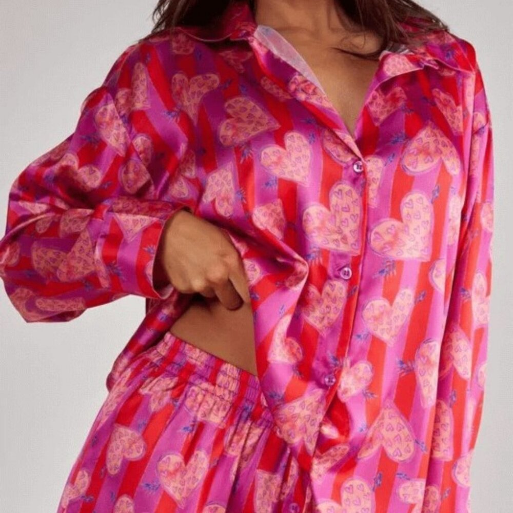 Nasty Gal Stripe Heart Oversized Shirt Pajama Pants Set - Picture 3 of 3